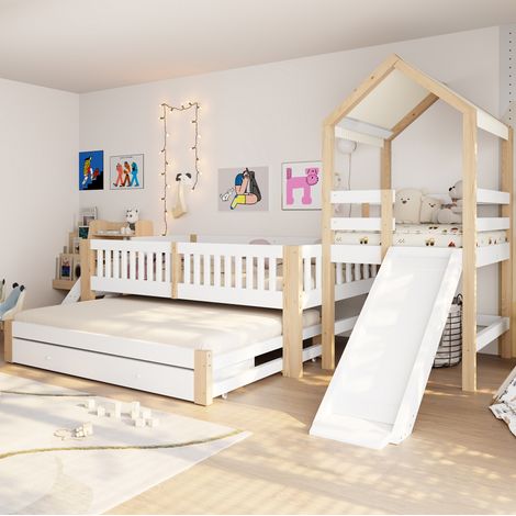 Letto a soppalco 90/200 cm con letto estraibile, scivolo e cassetti, bianco/naturale (1/5)