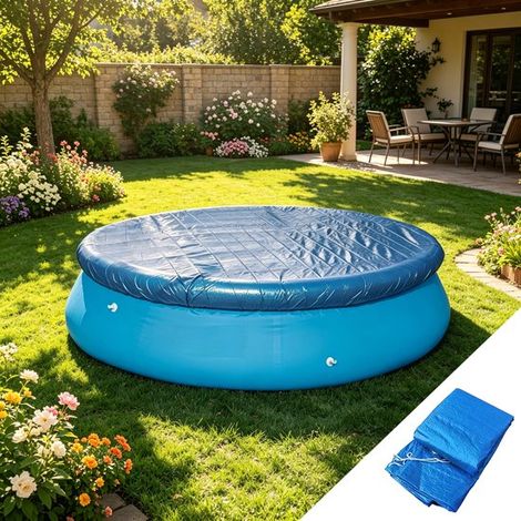 Couverture de piscine ronde de 350 cm de diamètre, adaptée aux piscines de 305 cm (10 pieds), en polyéthylène solaire, bleue (305 cm x 350 cm). (1/5)