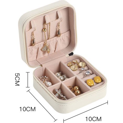 Boîte à bijoux portable, idéale pour bagues, boucles d'oreilles, colliers et puces d'oreilles. Disponible sur Amazon. Blanche. 10 x 10 x 5 cm. (1/5)