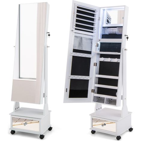 Armadio portagioie con ruote luci LED specchietto trucco ripiano pieghevole, Armadietto portagioie alto 159cm Bianco (1/5)