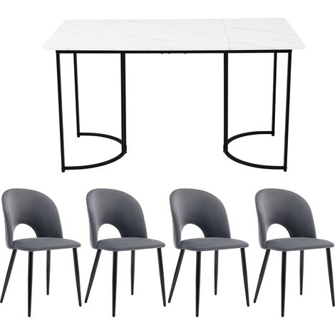 Set tavolo da pranzo 140x80 cm con 4 sedie in velluto grigio, piano MDF bianco (1/5)