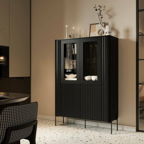 Vitrina Cimino, vitrina de salón con dos puertas y detalle de cristal, elevada del suelo, 110x40 h160 cm, color negro (1/5)