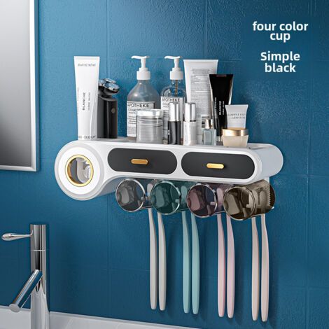 Porte-brosses à dents mural noir sans perçage, pour quatre personnes, avec presse-tube de dentifrice et gobelet pour gargarisme, rangement multifonctionnel pour salle de bain (1/5)