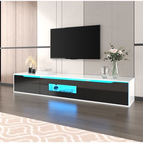Mueble TV 180x35x30 cm de paneles de madera negro y blanco con almacenaje FloraGrace (1/5)