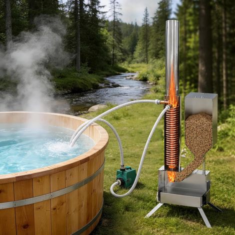 5KW Wood Pellet Heater for Spa with Titanium Heat Exchanger  5KW Pellet Heater for Outdoor Spas and Nordic Baths, 16L Tank, Up to 7 Hours Battery Life