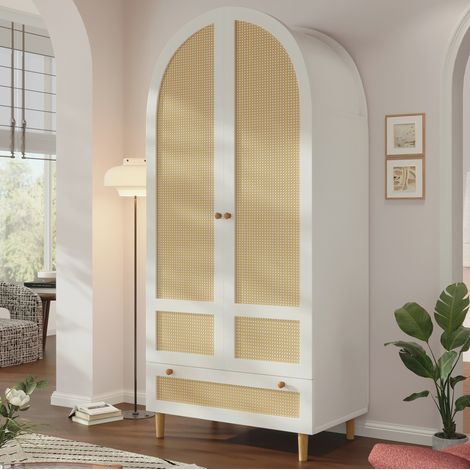 Armario 80x50x180 cm con perchero y cajón, diseño arqueado, almacenamiento cerrado para dormitorio y entrada, MDF blanco (1/5)
