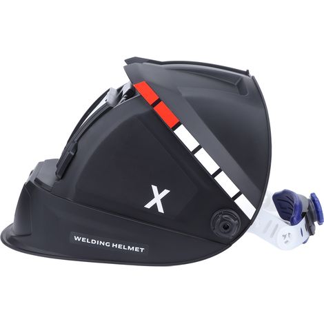 Automatischer Schweißhelm mit hochklappbarer Klappe, isolierendem Frontschutz, automatisch abdunkelndem Visier, Spritzschutzhaube und robuster Helmschale (1/5)