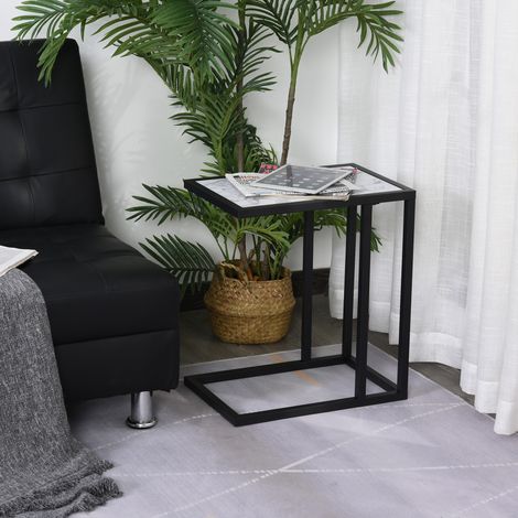 Table d'appoint moderne pour canapé, plateau effet marbre et structure en métal, 45 x 30 x 51,5 cm, blanche