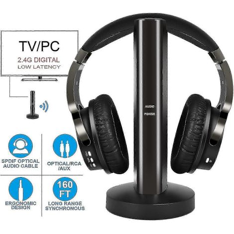 Casque TV sans fil avec émetteur RF numérique 2,4 GHz - Casque supra-auriculaire sans fil Hi-Fi pour regarder la télévision à domicile et jouer aux jeux vidéo - Port RCA/3,5 mm/optique (1/2)