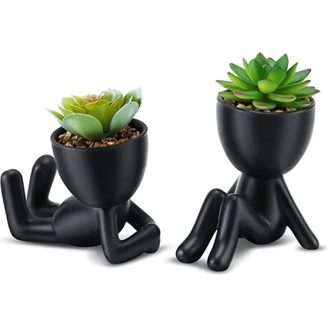 Maceta miniatura para bonsái con 2 macetas (plantas verdes) - soporte de cerámica y maceta para suculentas (negra) (1/5)