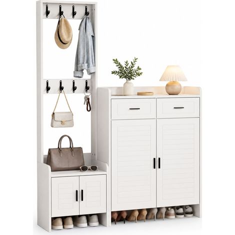 ELVMI Mobile da Ingresso con 2 Ante, 2 Cassetti, 6 Ripiani e 8 Ganci, per Corridoio, MDF, 125 x 36 x 165 cm, Bianco (1/5)
