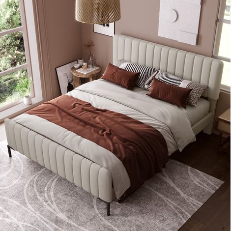 Cama 180x200 cm de lino gris beige con cabecero ajustable, para leer, sin colchón – MEUBLIV (1/5)