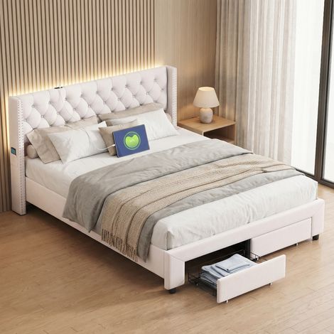 Letto per adulti 180x200, letto matrimoniale con rete a doghe, illuminazione LED e porte USB, letto con 2 cassetti, velluto, stile scandinavo, Beige