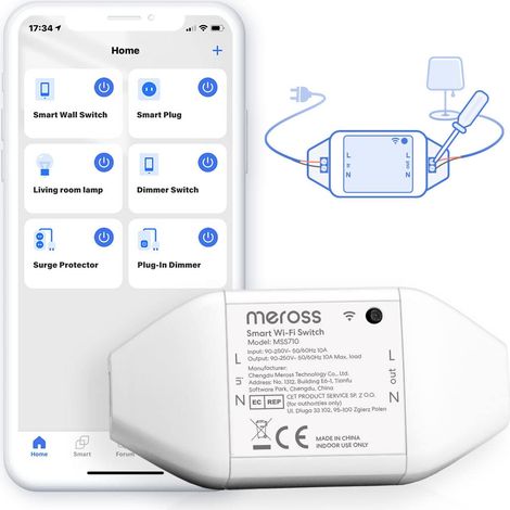 Meross 10A Interruttore Domestico WiFi, Smart Switch Intelligente Relé Wireless Universale, Funzione Timer, App Remoto e Timer Programma, Compatibile Con Alexa, Google Home, Smartthings (1/5)