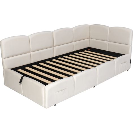 Lit rembourré, lit enfant, lit simple, lit de rangement, canapé-lit 90x200 cm, avec sommier à lattes, chargeur USB, poche de rangement, lit adolescent et lit pour enfants/adultes, velours, beige (sans (1/5)