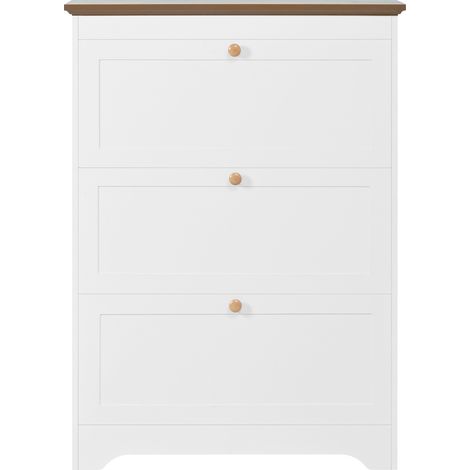 Schuhschrank mit 3 Klapptüren aus weißem MDF mit runden Holzgriffen (1/5)