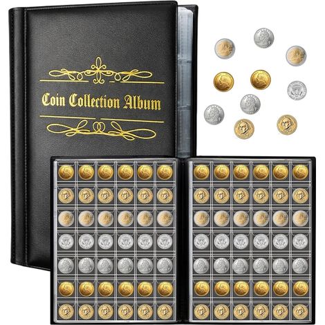 480 Pochette Classeur Pieces de Monnaie, Album Collection Pièces de Euros, Rangement Pieces de Monnaie, Album Numismatique Collection Piece pour Timbres/Médailles/Insignes, Noir