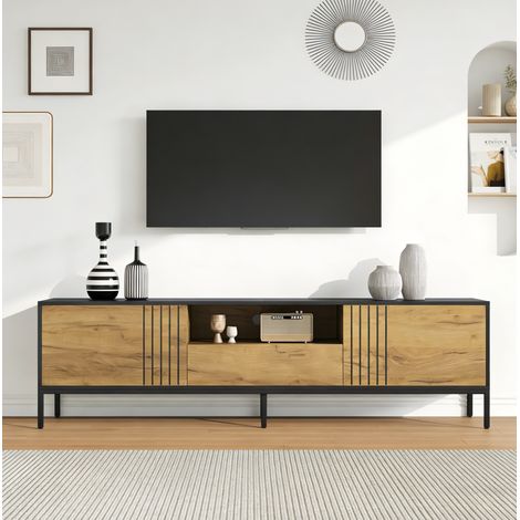 Mueble TV 170 x 35 x 50 cm con 2 puertas, cajón y nicho abierto, roble y negro HAVRYA (1/5)