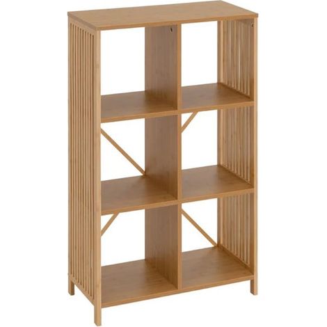 Bibliothèque - JUANIO - 60x30x110 cm - 6 compartiments - Finition bambou - Beige (1/5)