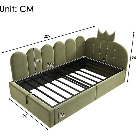 Canapé-lit jour 90x200 cm, canapé d'angle en velours vert motif couronne, coffre de rangement à vérin hydraulique, sans matelas