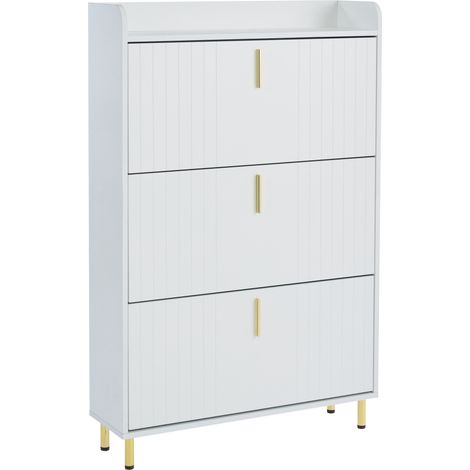 Zapatero estrecho de 3 puertas en MDF blanco con patas y tiradores dorados, 80 x 23 x 123,5 cm (1/5)