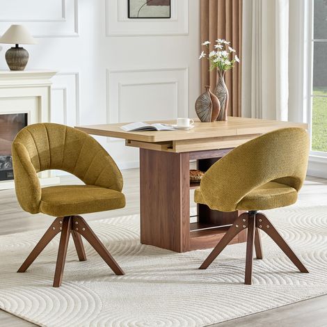 2er-Set Retro-Drehstühle aus Stoff in Ingwer und Massivholz in Nussbaumoptik, 360° leise drehbar (1/5)