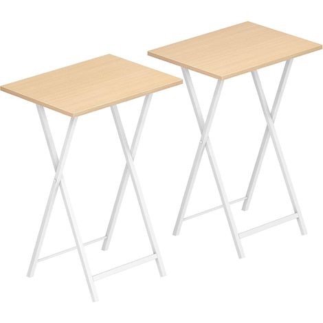 Table d’Appoint, Pliable Bout de Canapé, Tables-Plateaux Lot de 2, Tables de Chevet, Salon, Blanc et Couleur Bois (1/5)