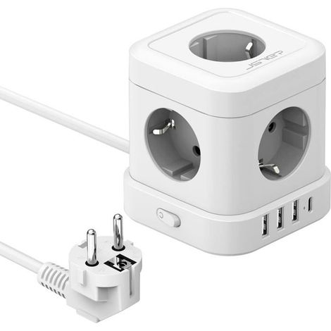 Cube Bloc Multiprise 5 Prises avec 4 Ports USB C Chargeur (5V3,4A/17W) Prise Multi und Interrupteur pour Couleur:Blanc-2M (1/5)