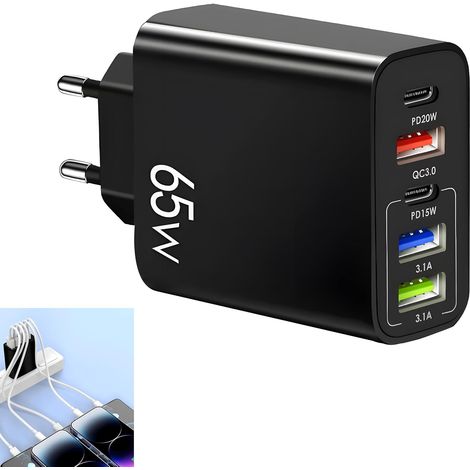Cargador USB C de 65 W con 5 puertos, 3 USB A y 2 USB C, compatible con PD, corriente de 3,1 A, enchufe estándar, negro, para smartphone, tableta, batería externa, uso diario y viajes. (1/5)
