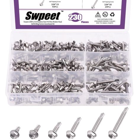 Lot de 230 vis auto-foreuses en acier inoxydable 410 10 à tête hexagonale auto-foreuse pour tôle, vis autotaraudeuses antirouille pour métal (10, argent) (1/5)