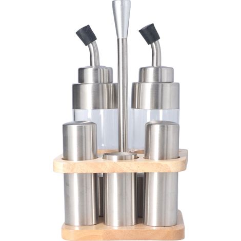 Lot en bouteilles d'épices avec support en bois, acier inoxydable 304, pour huile, sel et sauce soja, rangement de cuisine.