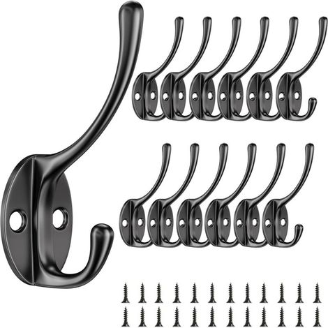 12-teiliges Wandhaken-Set, Garderobenhaken mit Schrauben, Vintage-Metall-Doppelgarderobenhaken, leichte und praktische Garderobenhaken, für Schlafzimmer, Kleiderschrank, Badezimmer (Schwarz)