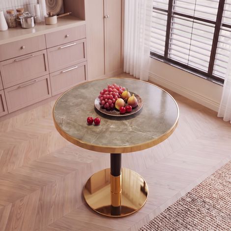 Table d'appoint ronde moderne, plateau effet marbre avec bordure dorée, structure métallique robuste noire et dorée, idéale comme table basse, table de chevet ou table de balcon. (1/5)
