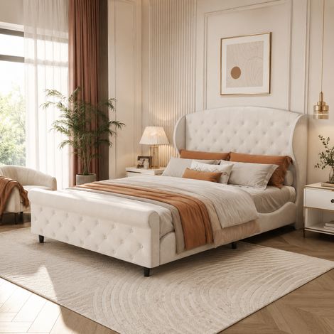 Lit capitonné 140×200 cm,style traîneau,lit double,tête de lit capitonnée,cadre de lit 140×200,décoration boutons,pieds en métal,style moderne,sommier à lattes,lit adulte,lit ados,Velours,Beige (1/5)