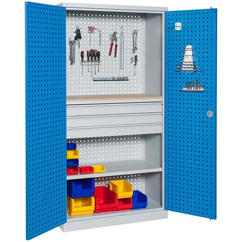 Armoire de rangement acier - 3 tiroirs, 1 tablette bois et 1 étagère charge 150kg/niveau - Dim. 1950x1000x500mm - W030080003-GCBI (1/5)