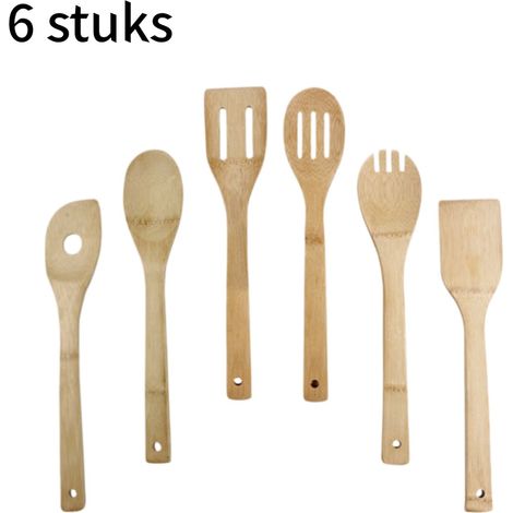 Ensemble de 6 ustensiles de cuisine en bambou - Manche extensible de 30 cm - Ensemble complet de 6 - Résistant à la chaleur et lisse - 30 x 6 cm - Naturel (1/5)