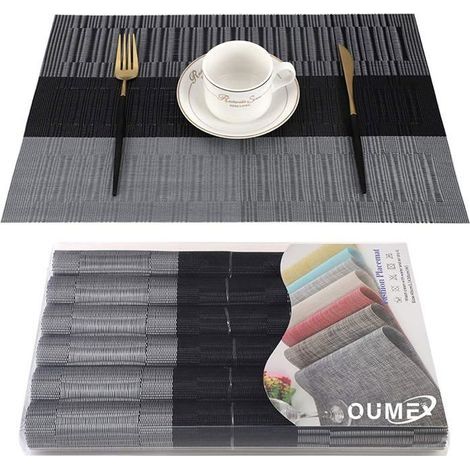 Set of 6 washable PVC placemats, non-slip, heat and wear-resistant. Easy to clean and store. Size: 45 cm.