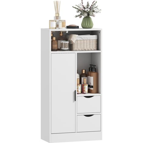 Schmaler Badezimmerschrank mit 2 Schubladen und offenen Fächern, 50 x 25 x 100 cm, weiß