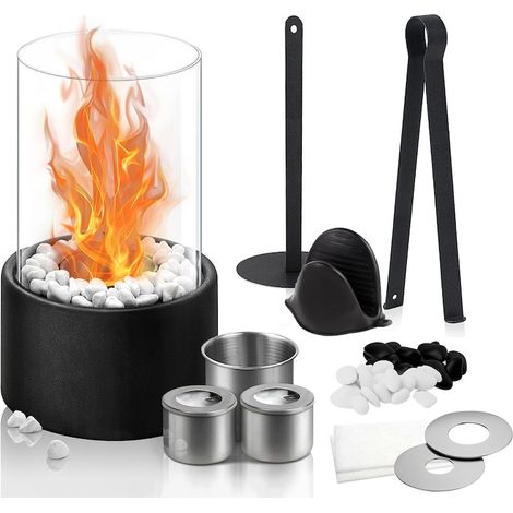 Cheminée décorative au bioéthanol, mini-cheminée, portable, intérieur/extérieur, sans fumée, avec pierres décoratives bicolores et extincteur, autonomie de 4 h (1/5)