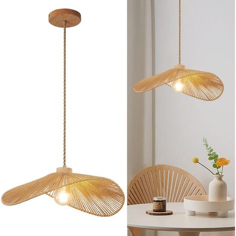 Suspension bohème, lustre en corde de chanvre tressée à la main, lampe suspendue de style wabi-sabi, plafonnier avec ampoule, lumière chaude, φ40cm (1/5)