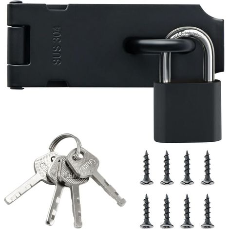Außentürriegel-Torschloss mit Vorhängeschloss, SUS304 Edelstahl-Innentürschloss für Schrank, Garten, Mattschwarz, EMST009-B (1/4)