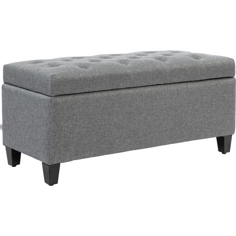 Bank mit Stauraum, gepolsterte Bank aus Polyester in Leinenoptik, Gummibaumholz, 100 x 40 x 44 cm, hellgrau