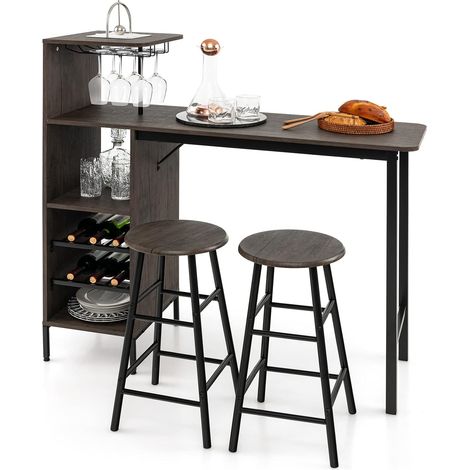 COSTWAY Set 3 Pezzi Tavolo e Sedie da Bar, Tavolo e Sgabelli da Pub Industriale con Porta Calici e 6 Portabottiglie da Vino, Set di Tavolo per Sala da Pranzo, Ristorante e Bar (Marrone) (1/5)