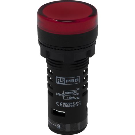 Voyant lumineux complet avec circuit de test LED RS PRO Rouge 120V c.a. / V c.c., Ø découpe 22mm, Montage panneau, IP65 ( Prix pour 1 ) (1/4)
