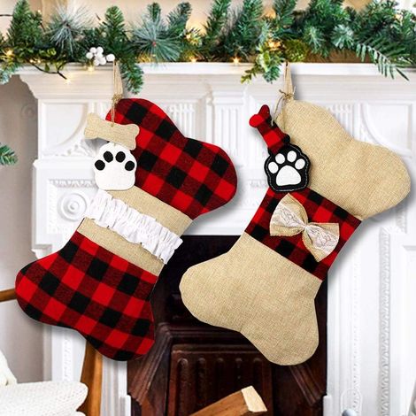Juego de 2 calcetines navideños para perros, con forma de hueso, de yute y algodón, adornos colgantes, interior espacioso. (1/5)