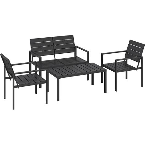 Conjunto lounge de jardín de 4 plazas negro de metal y HDPE con sofá, 2 sillones y mesa (1/4)
