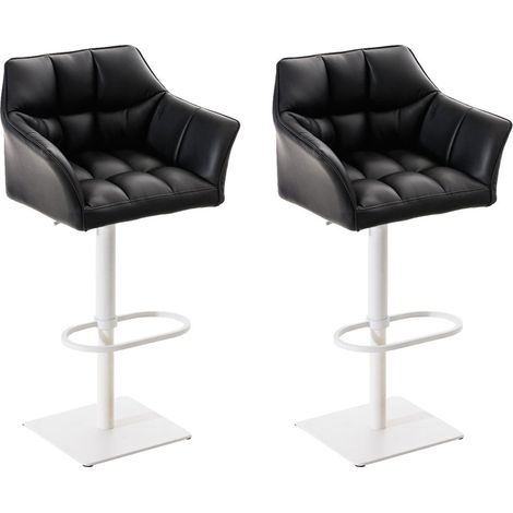 Juego de 2 taburetes de bar giratorios en piel sintética negra con estructura de metal blanco – Asiento de sillón acolchado con reposabrazos – Altura regulable 100006620