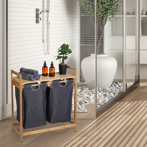 Relaxdays Wäschekorb Regal, Bambus, ausziehbar, HBT: 73 x 64 x 33 cm, 2 Fächer & 1 Ablage, Wäschesammler Bad, natur/grau