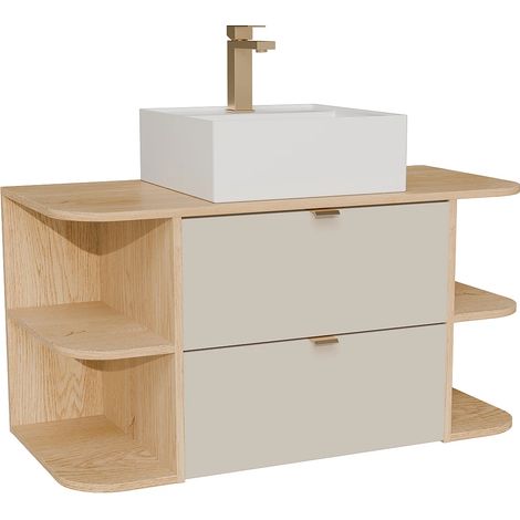 Meuble de salle de bain suspendu avec niches, vasque à poser carrée et robinet - Beige et naturel clair - 100 cm - LAVENA (1/5)