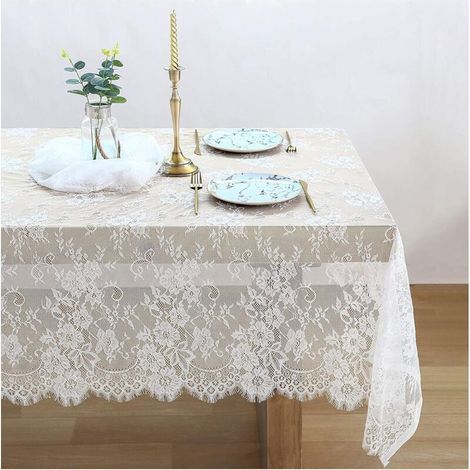 Tovaglia in pizzo bianco 150 x 300 cm, sovrapposizione in pizzo ricamato per decorazioni rustiche, vintage, per matrimoni, ricevimenti estivi all'aperto, feste e decorazioni per tavoli di ricevimento  (1/4)